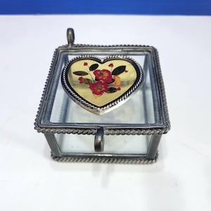 Vintage Glass Jewelry Box with Dried Flowers in Lid Small Square