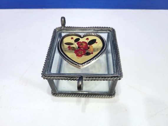Vintage Glass Jewelry Box with Dried Flowers in Lid Small Square