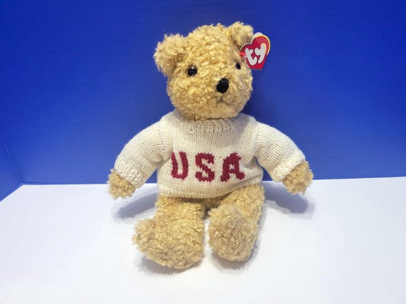 Vintage Ty Baby Curly Teddy Bear with White USA Patriotic Sweater