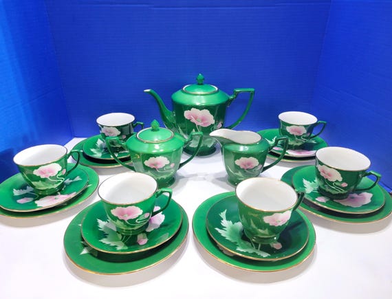 Vintage Merit China Japan Tea Set Green and Pink Floral