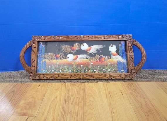 Large Vintage Mexican Feather Art Bird Tray