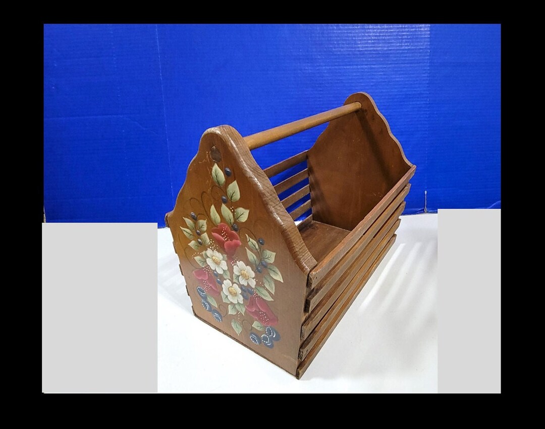 Vintage Wood Tool Box Craft Caddy Tole Folk Art Painted Etsy