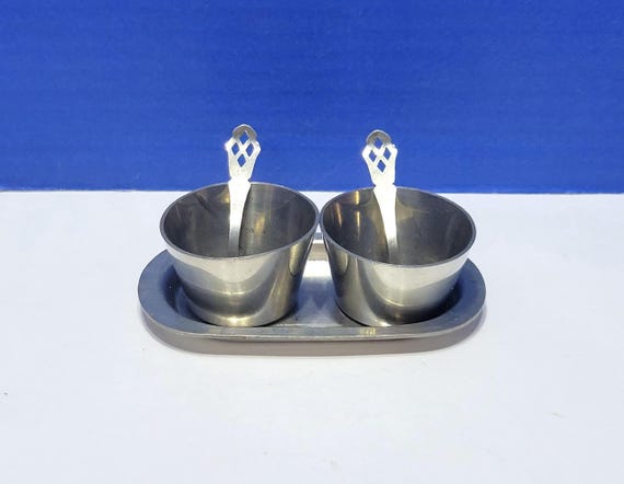 Vintage Pewter Salt Cellar Pair with Spoons
