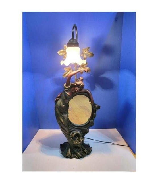 Vintage Art Noveau Metal Lady Lamp with Mirror