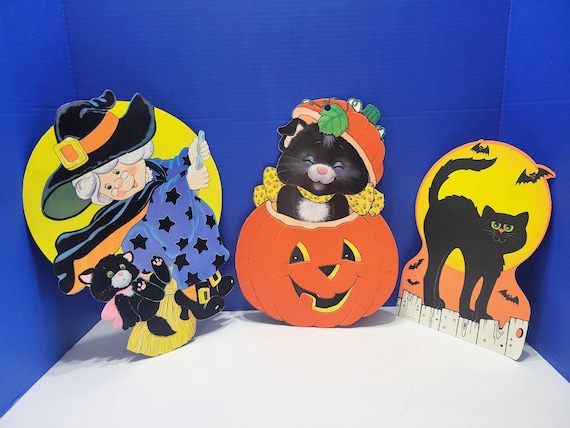 Vintage Velvet Paper Halloween Dicuts with Black Cats Lot