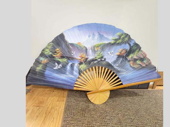 Large Vintage Asian Chinoiserie Folding Wall Fan with Birds