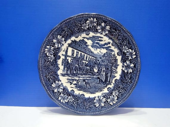 Vintage English Blue Transferware Coaching Taverns 10 3/8" Plate Staffordshire