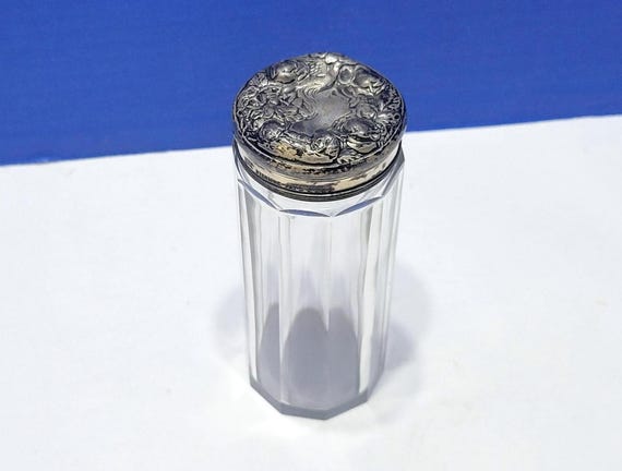Antique Art Noveau Glass Vanity Jar with Repousse Lady Sterling Silver Lid