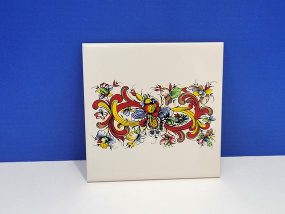Vintage Scandinavian Trivet Tile White Rosemaling Metropolitan Federal