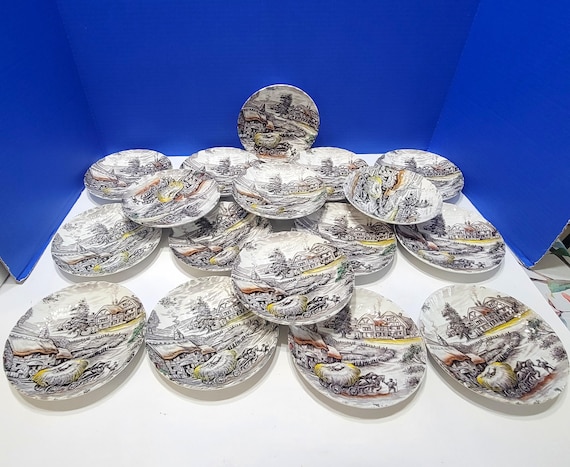 Vintage Yorkshire Ironstone Saucers Staffordshire England Farm Scene Large Lot