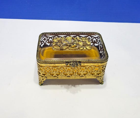 Vintage Matson Gold Ormolu Jewelry Box with Dogwood Flowers Glass Lid