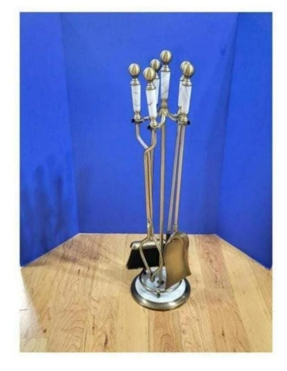 Vintage Brass Fireplace Tools Set White Marble Handles