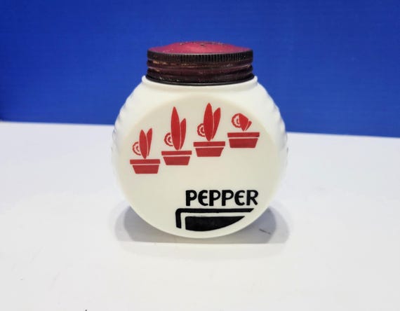 Vintage Fire King Vitroc Round Milk Glass Pepper Shaker with Red Lid