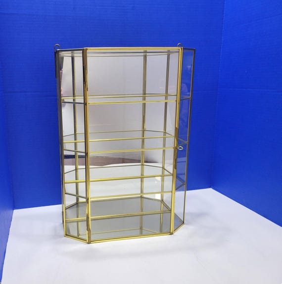 Vintage Large Display Case Brass and Glass 4 Shelves and Mirrored Back