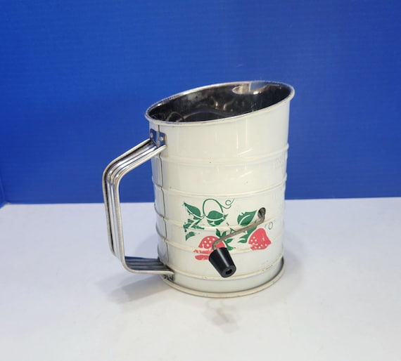 Vintage Teleflora's Strawberry Measuring Flour Sifter with Hand Crank