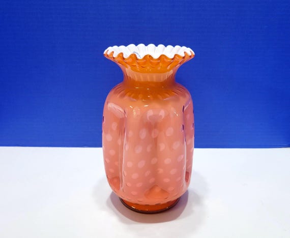Vintage Fenton Coral Overlay Bubble Optic Cased Glass Pinch Vase