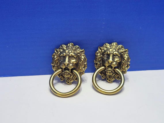 Vintage Brass Lion Head Drawer Ring Pull Knobs Set of 2