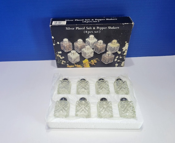 Vintage Godinger Small Glass Salt and Pepper Shakers with Silverplated Lids Set of 8