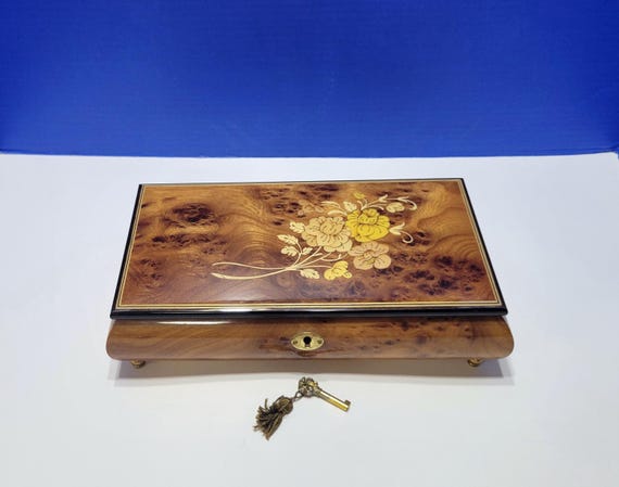Vintage Italian Marquetry Wood Inlaid Large Musical Jewelry Box Plays Unchained Melody