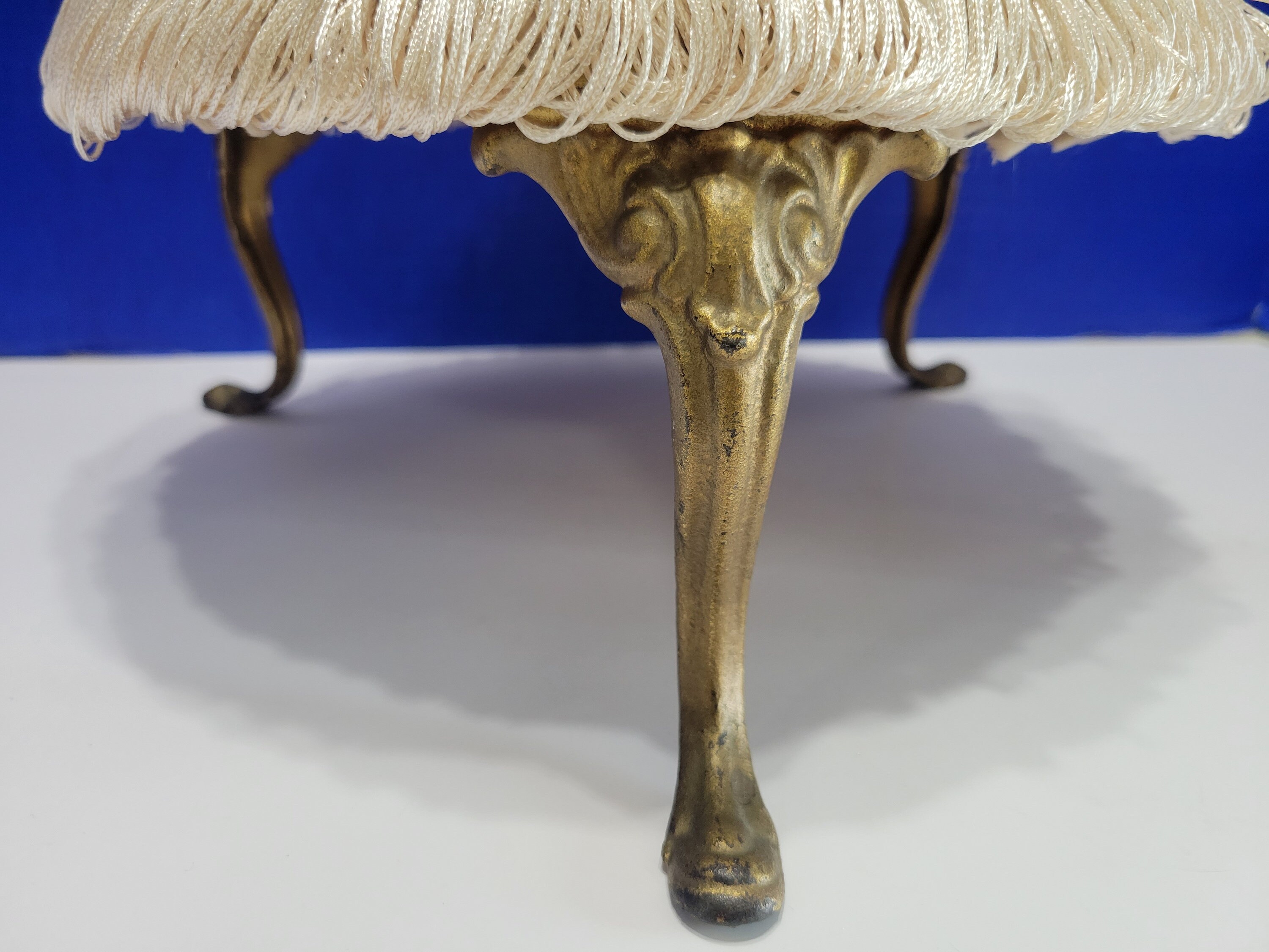 Antique Foot Stool Victorian 3 Gold Leg Ottoman Beige with Fringe