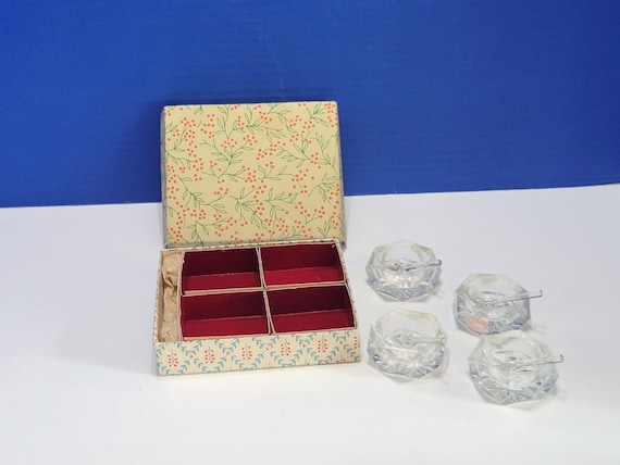 Vintage Cut Crystal Salt Cellars with Spoons in Box Lot of 4