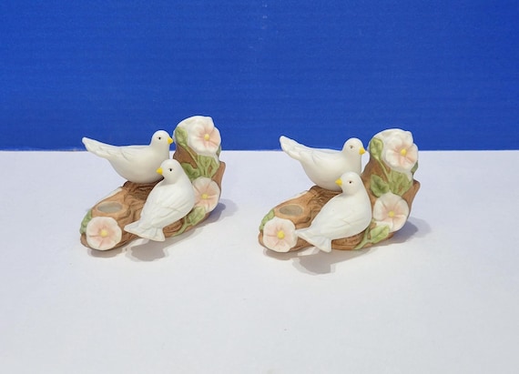 Pair Vintage 1985 Avon White Dove Porcelain Mini Taper Candle Holders