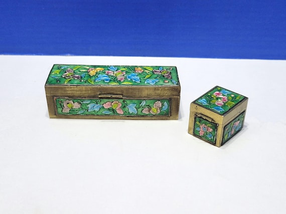 Pair Vintage Green Cloisonne Brass Trinket Boxes