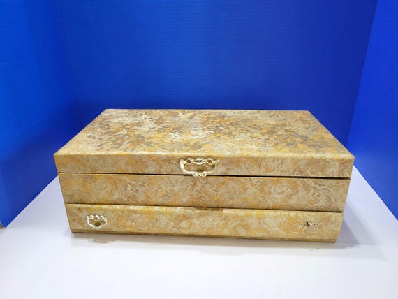 Vintage Buxton Vinyl Jewelry Box Large Gold Tiered
