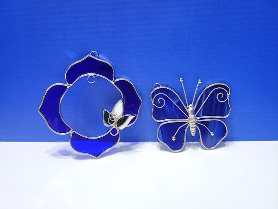 Pair Vintage Blue Stained Glass Butterfly Suncatchers