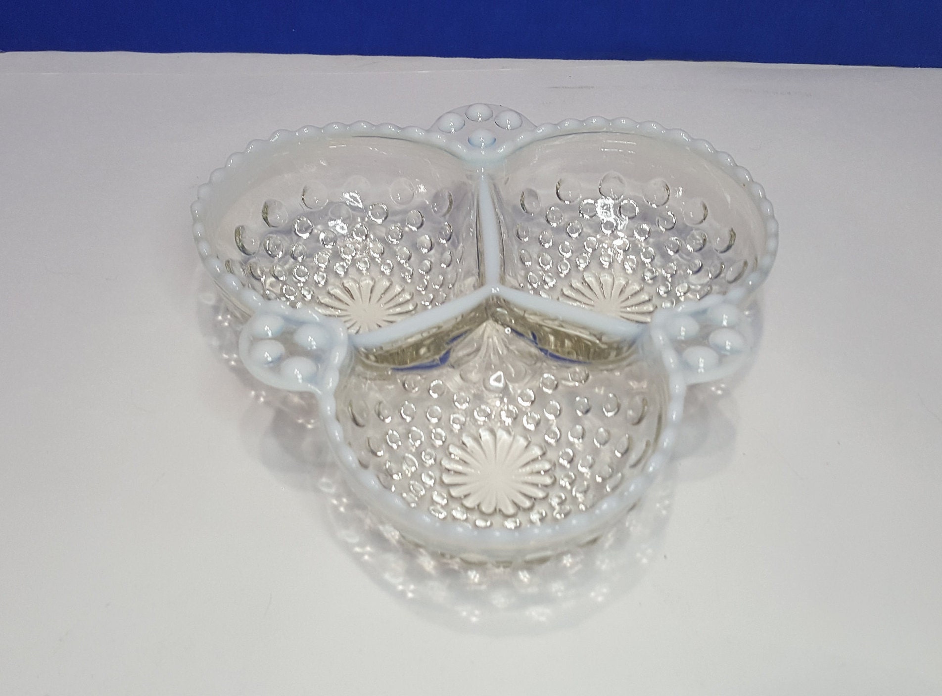 Vintage Moonstone Glass Opalescent Hobnail Cloverleaf Divided Etsy