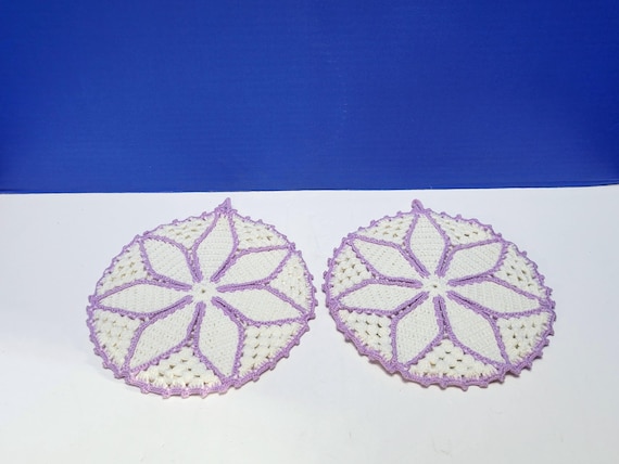 Vintage Handmade Round Crochet Doilies Purple and White