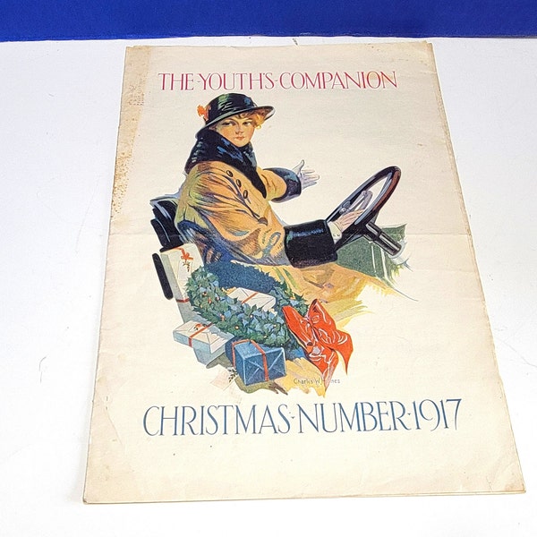 1917 Antique The Youth's Companion Magazine Christmas Cover Lady Driving