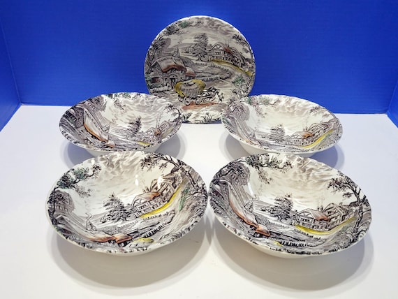 5 Vintage Yorkshire Ironstone Staffordshire England Farm Scene Bowls