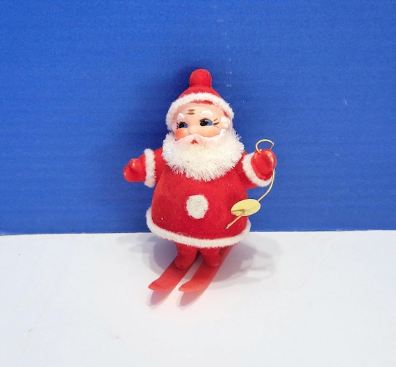 Vintage Flocked Skiing Red Santa
