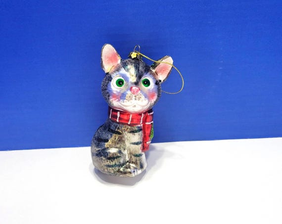 Vintage Gray Striped Cat Ornament Hand Blown Glass