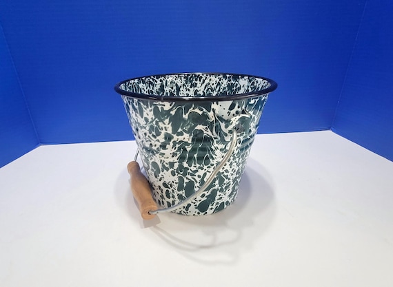 Vintage Green and White Splatter Enamelware Pail