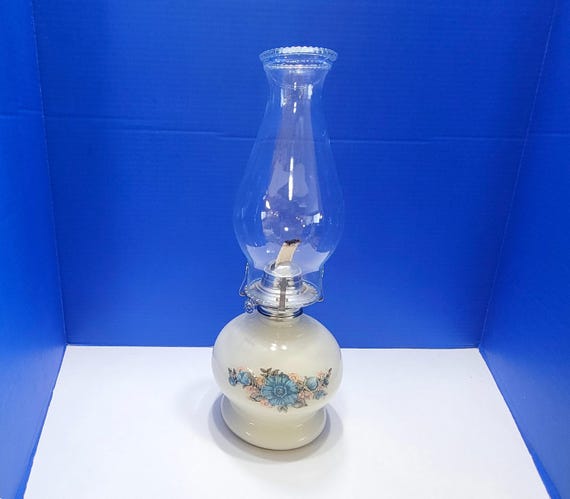 Vintage Lamplight Victoria Rose Oil Lamp with Blue Flowers