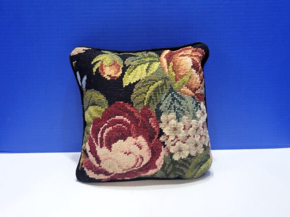 Small Vintage Petite Point Pillow Black Velvet with Roses and Flowers