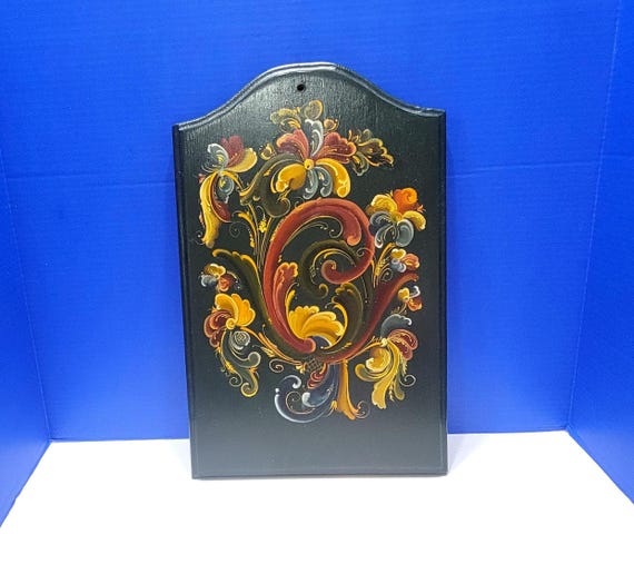Vintage Norwegian Dark Teal Wood Wall Hanging Plaque with Painted Rosemaling