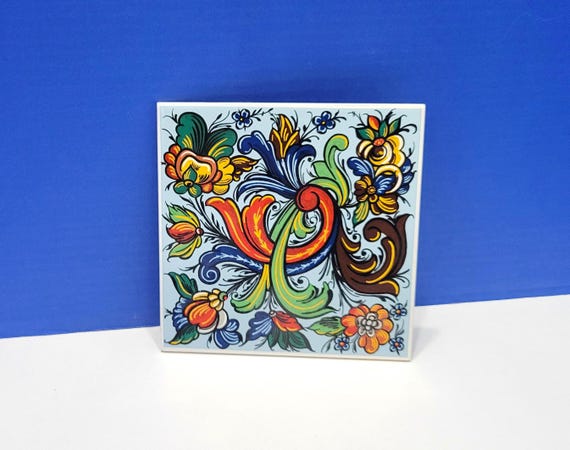 Vintage Scandinavian Trivet Tile Blue Multicolored Rosemaling Salem China Co