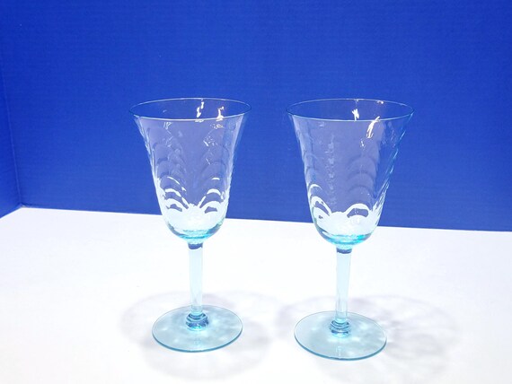Pair Vintage Blue Feathered Wine Glasses
