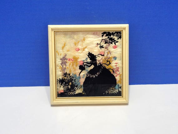 Vintage Fisher Silhouette Picture Colonial Lady in Garden with Dried Flowers