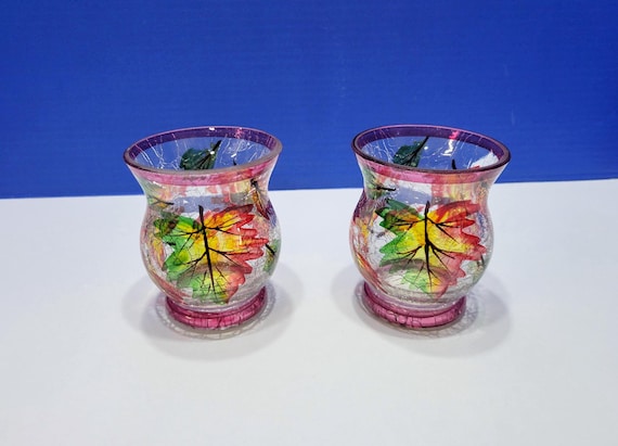 Vintage Crackle Glass Autumn Tea Light Candle Holders Set of 2