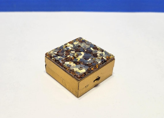 Vintage Square Gold Metal Pill Box Sparkly Lid