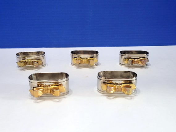 Vintage Silverplated Napkin Rings with Gold Bows Set of 5