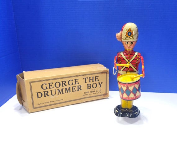 Vintage Louis Marx George the Drummer Boy Tin Wind-Up Toy Works in Box