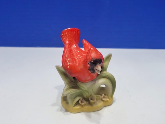 Vintage Red Cardinal Bird on Leaves Ceramic Figurine