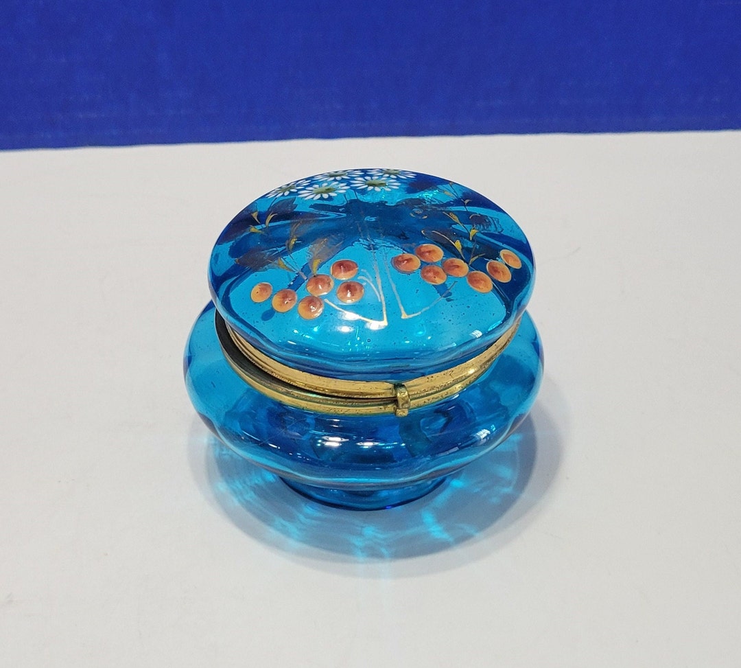 Antique Cobalt Blue Jewelry Box Depression Glass Floral Hinge Box