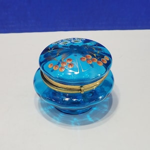 Antique Cobalt Blue Jewelry Box Depression Glass Floral Hinge Box Bohemian