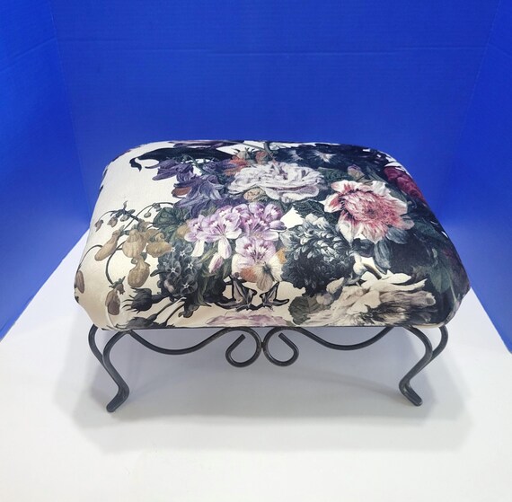 Vintage Black Wrought Iron Foot Stool with Purple Tulip Floral Upholstery